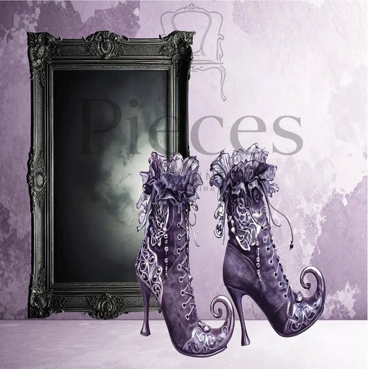 Decoupage paper for a pair of ornate high-heeled boots in dark purple with silver filigree detailing and large ruffled floral embellishments, displayed in front of an ornate black mirror frame against a textured lavender background.