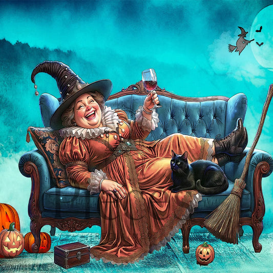 Decoupage paper for a whimsical Halloween illustration of a smiling witch reclining on a blue sofa, holding a glass of red wine, with a black cat on her lap, pumpkins around her, a broomstick, and a flying broom in the sky.