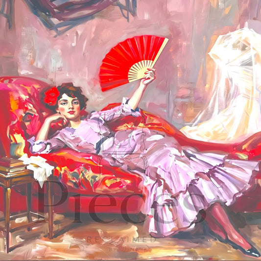 A colorful decoupage paper featuring a painting of a woman reclining on a red sofa and holding a red folding fan, with a white dress draped on the right against a painterly pink and brown background.