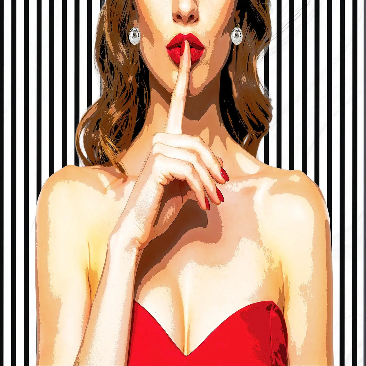 Stylized pop-art illustration of a woman with brown hair, red lipstick, and a red strapless dress, holding her finger to her lips against a black-and-white striped background.